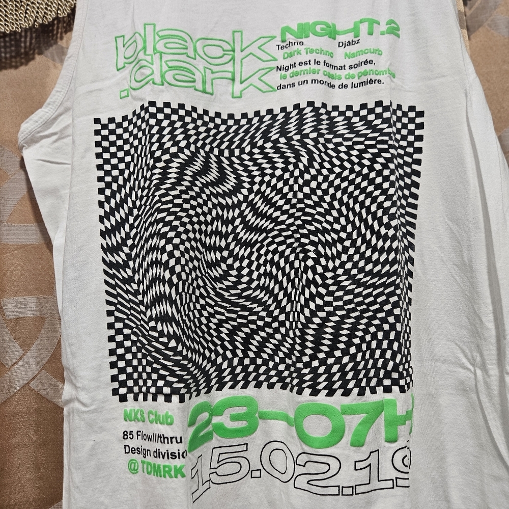 Graphic White Tank Top with Green and Black Design